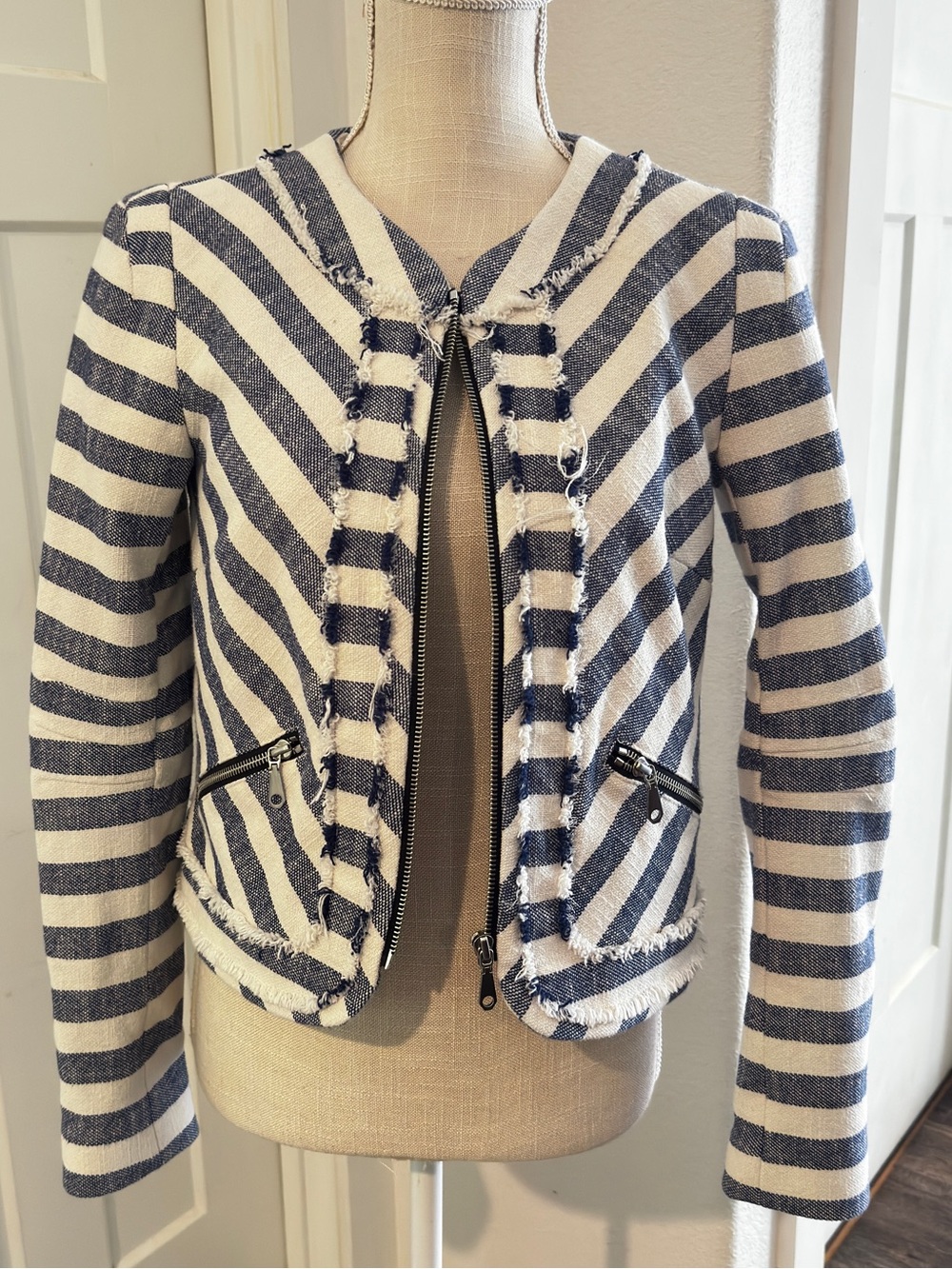 Rebecca Minkoff Salinas Striped Tweed Jacket Navy Cream Frayed Zip Crop Blazer